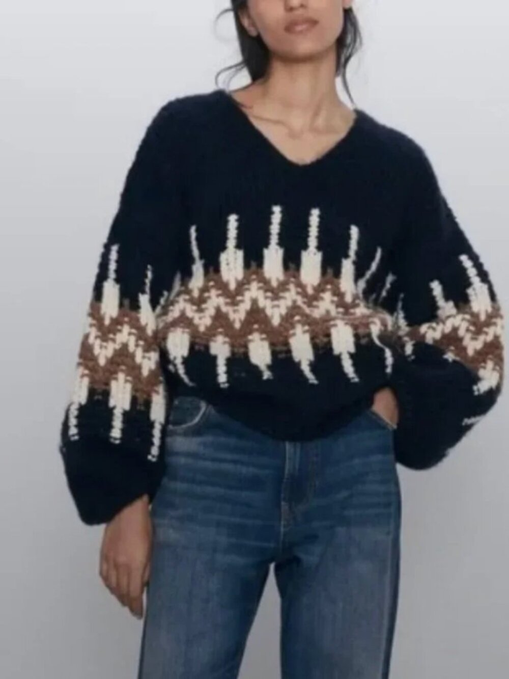 ZARA Navy Blue Chunky Jacquard Knit Boho Oversized Sweater S